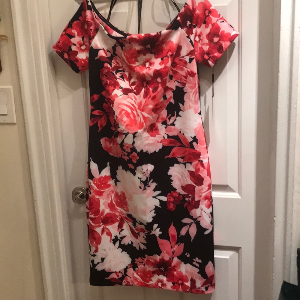 Off-the-shoulder, floral cocktail dress